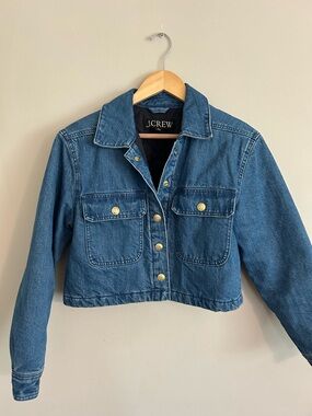 J. Crew Dark Blue Cropped Denim Jacket with Gold Buttons